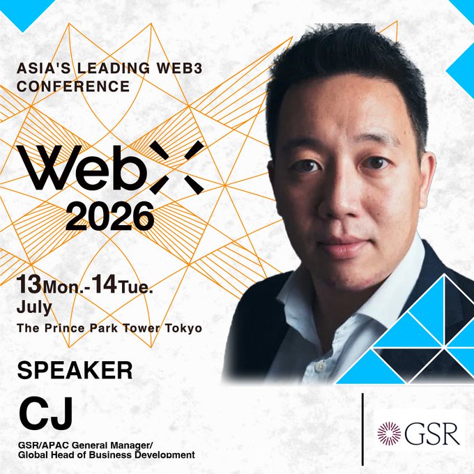 A promotional graphic for WebX 2026, "Asia's Leading Web3 Conference," taking place July 13-14 at The Prince Park Tower Tokyo, featuring speaker CJ, GSR's APAC General Manager and Global Head of Business Development. The image directly supports the post by visually introducing CJ as a featured speaker alongside his professional title and the GSR logo.
