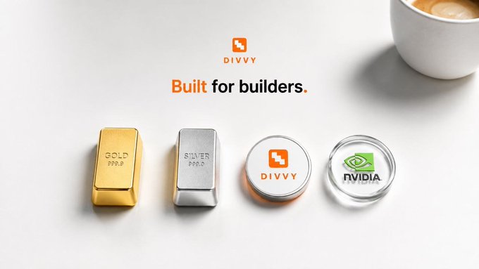 A promotional image for DIVVY with the tagline 'Built for builders,' displaying gold, silver, and branded DIVVY and NVIDIA tokens alongside a cup of coffee.