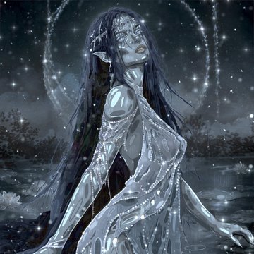 A fantasy digital painting of an ethereal elven figure with long dark hair, intricate silver jewelry, and flowing white garments, set against a moonlit background with sparkles and water lilies.