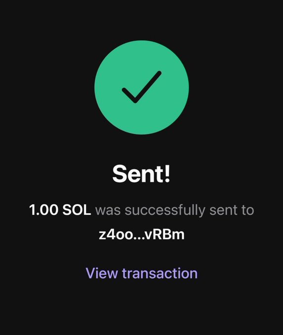 A confirmation screen showing a successful transfer of 1.00 SOL to address z4oo...vRBm, supporting the poster's claim of starting a giveaway challenge.