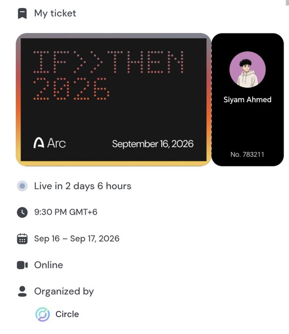 A digital ticket for 'TF>XATHEN 2026' event organized by Circle, scheduled for September 16, 2026 at 9:30 PM GMT+6, with the ticket belonging to Siyam Ahmed (No. 783211).