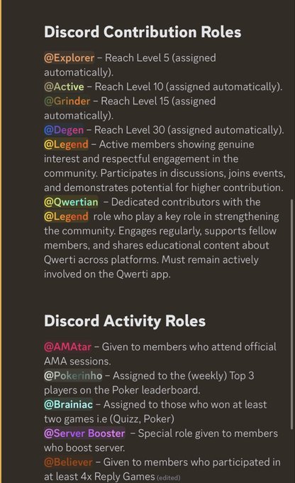 Discord roles info listing Contribution Roles (@Explorer, @Active, @Grinder, @Degen, @Legend, @Qwertian) and Activity Roles (@AMAtar, @Pokerinho, @Brainiac, @Server Booster, @Believer).