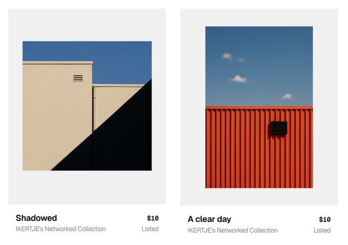 An NFT marketplace listing from IKERTJE's Networked Collection showing two $10 listed items: 'Shadowed' (a beige and black geometric building) and 'A clear day' (a red corrugated wall under a blue sky).