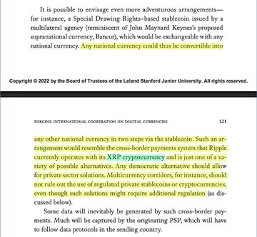The image shows two pages of text, one being a white page with black text and the other having green text. The first page has a copyright notice at the top stating "It is possible to enforce even more adventurous arrangements...". The second page contains information about Ripple cryptocurrency, specifically mentioning that it can be used as a stablecoin for exchanging private currency into public currency.