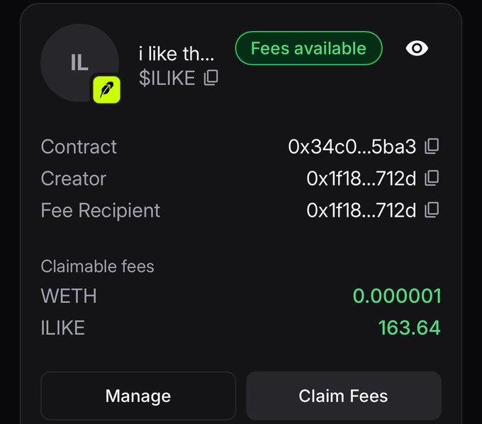 A digital interface panel for the token "$ILIKE" showing "Fees available" in green, with contract addresses, and claimable balances of "WETH 0.000001" and "ILIKE 163.64" alongside "Manage" and "Claim Fees" buttons.