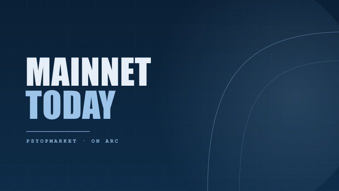 A dark blue banner displaying the text 'MAINNET TODAY' with smaller text below reading 'PSYOFMARKET • ON ARC'.