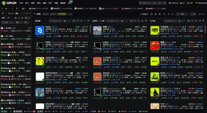 A GMGN terminal dashboard displays a grid of trending meme tokens with significant price drops, including PayPal (PYTH), EDEC, AAAA, EXPOCURVE, SCAT, and several Chinese-named tokens, showing red percentage declines across the board. The accompanying post reflects on the heavy tanking of meme coins and the poster's patient strategy of waiting for VCs to enter before making a big position, mirroring the bearish, red-tinted market view shown in the screen.