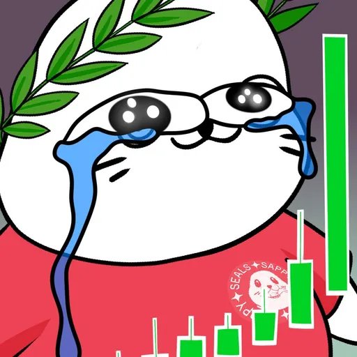 A cartoonish, crying white character wearing a laurel wreath and red shirt, with a green declining bar chart overlaid, associated with 'Doge' and 'PEPE' meme logos.
