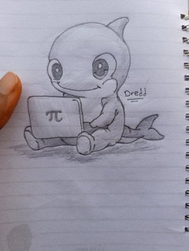 A pencil sketch in a spiral notebook of a cute cartoon shark-like creature sitting and holding a laptop displaying the pi (π) symbol, with the name 'Dredd' written beside it.