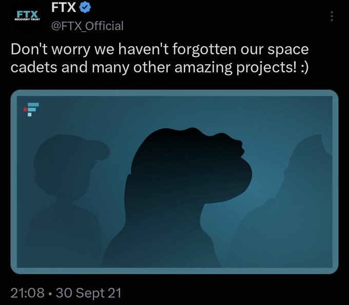A tweet from @FTX_Official dated September 30, 2021, featuring an illustration of silhouetted cartoon figures (resembling interns) alongside the text: "Don't worry we haven't forgotten our space cadets and many other amazing projects! :)". The image visually reinforces the tweet's playful tone about not overlooking their "space cadets" or interns.