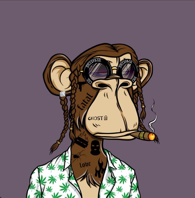 A cartoon illustration of a Bored Ape-style monkey character with braids, wearing branded sunglasses, a marijuana leaf-patterned shirt, and various tattoos including 'fatal' and 'Lone,' while smoking a cigar.