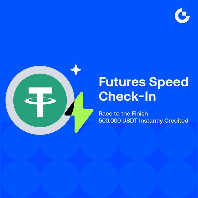 The image is a promotional graphic for a "Futures Speed Check-In" event, featuring the Tether (USDT) logo alongside a green lightning bolt on a blue background. The text advertises "500,000 USDT Instantly Credited" with the tagline "Race to the Finish," reinforcing the post's call to action about earning daily USDT rewards through racing-style check-ins.