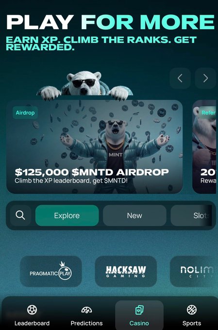 A mobile app screen titled 'PLAY FOR MORE' advertises a '$125,000 $MNTD AIRDROP' featuring polar bears wearing sunglasses, with navigation tabs for Leaderboard, Predictions, Casino, and Sports.