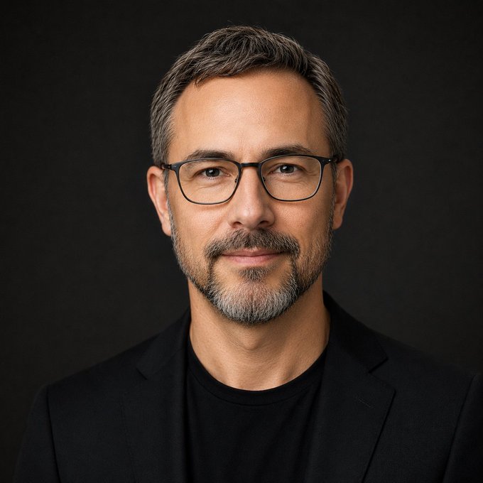 A portrait of a middle-aged man with short hair, glasses, and a beard wearing a black suit against a dark background.