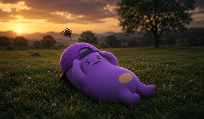 A 3D rendered scene of a small purple cartoon character wearing a backward cap lying on its back in a grassy field at sunset, appearing distressed with a scribble thought bubble above its head.