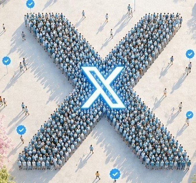 An aerial view of a large crowd of people arranged in the shape of the letter 'X', with blue checkmark icons scattered around, likely representing the X (formerly Twitter) platform.