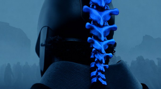 A rear view of a figure in a futuristic black helmet with a glowing blue, skeletal spine running down the back of their neck, set against a misty, mountainous landscape. The eerie blue vertebrae and sci-fi aesthetic play into the "Clocking in" theme, evoking a sense of a cyborg or mechanical being powering up or beginning work.