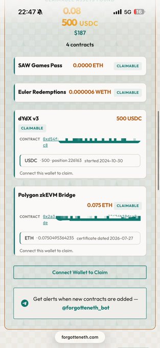 A mobile app screenshot from forgotteneth.com showing 4 contracts claimable including SAW Games Pass, Euler Redemptions (0.8/500 USDC), dYdX v3 (500 USDC), and Polygon zkEVM Bridge (0.075 ETH).