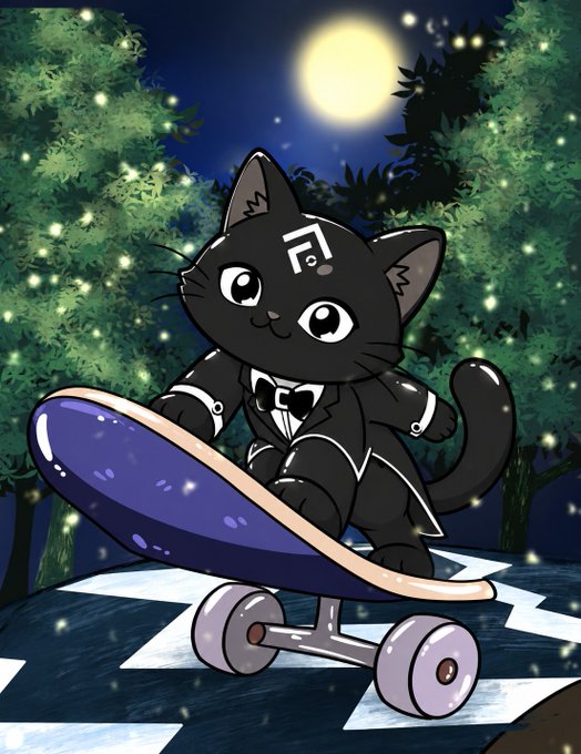 An anime-style illustration of a black cat wearing a tuxedo riding a blue skateboard under a full moon, surrounded by trees and glowing fireflies.