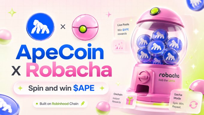 A pink and pastel promotional banner for 'ApeCoin x Robacha,' featuring a gacha machine filled with blue ApeCoin tokens and the tagline 'Spin and win $APE.'