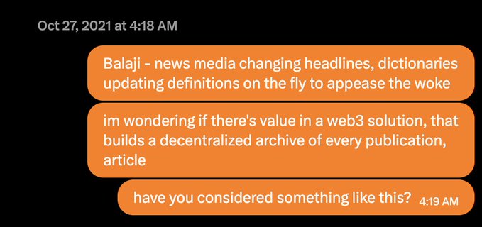 A text message conversation dated "Oct 27, 2021 at 4:18 AM" discussing web3 and decentralized archives, with messages asking "have you considered something like this?".