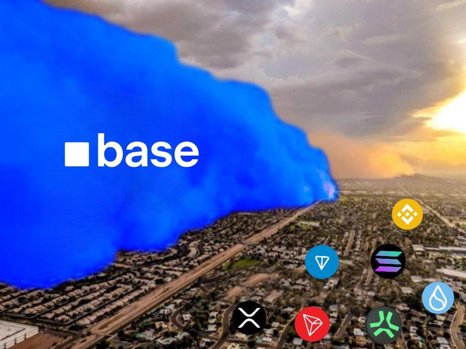 An aerial cityscape image with a large blue cloud-like shape on the left containing the 'base' logo, surrounded by various crypto token icons.