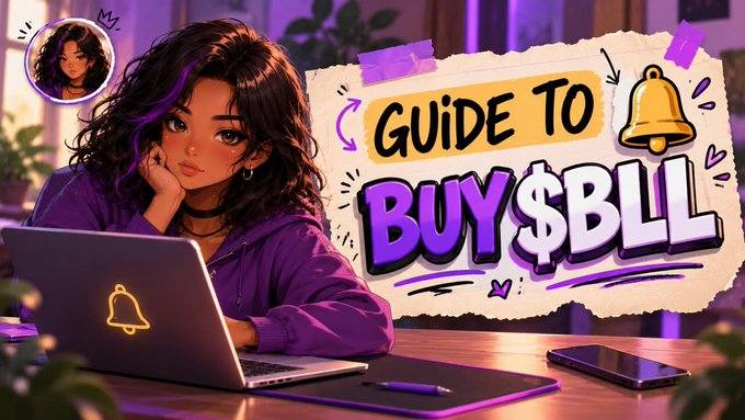 Stylized illustration of a woman with dark curly hair and a purple streak, sitting at a laptop displaying a bell notification icon, alongside the text 'GUIDE TO BUY$BLL'.