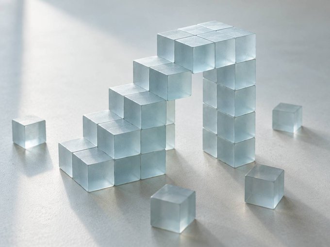 The image shows a staircase-like arrangement of translucent, frosted cubes with several loose cubes scattered around its base, visually echoing the "cashback stacks" concept by illustrating how each swap adds another block to an ever-growing pile. The ascending structure perfectly mirrors the post's message that the more you swap, the higher your accumulated stock holdings climb.