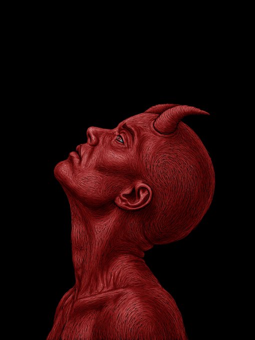 A monochromatic red digital illustration in profile view showing a horned, demonic-looking figure with textured skin looking upward against a solid black background.