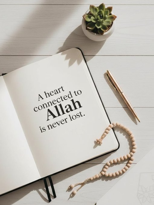 A notebook opened to a page reading 'A heart connected to Allah is never lost,' accompanied by a gold pen, prayer beads (misbaha), and a small potted succulent on a white wooden surface.