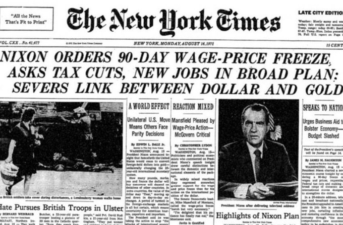The front page of The New York Times from August 16, 1971 displays the headline "NIXON ORDERS 90-DAY WAGE-PRICE FREEZE, ASKS TAX CUTS, NEW JOBS IN BROAD PLAN; SEVERS LINK BETWEEN DOLLAR AND GOLD," commemorating the 55th anniversary of Nixon's historic decision to end the gold standard—a pivotal moment that disconnected the U.S. dollar from gold and paved the way for Bitcoin as a decentralized alternative.