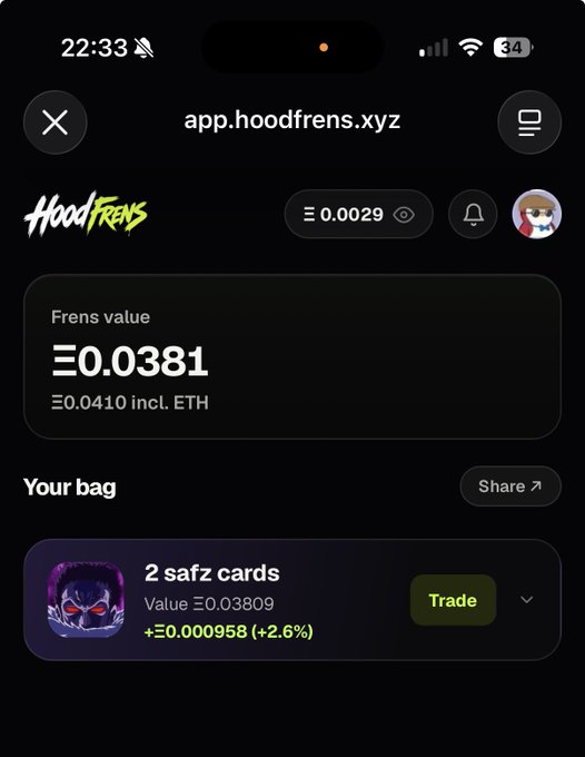 A mobile screenshot of the app.hoodfrens.xyz interface showing a 'Frens value' of Ξ0.0381 and '2 safz cards' in the user's bag with a trade option.