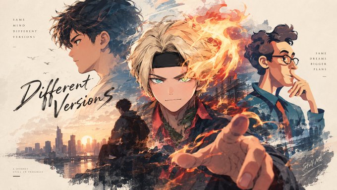Anime-style artwork titled 'Different Versions' by Stillr8 depicting three character portraits with the tagline 'SAME MIND DIFFERENT VERSIONS' and 'SAME DREAMS BIGGER PLANS'.