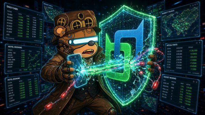 A cartoon-style monkey wearing VR goggles and steampunk attire wields a glowing green digital sword and shield featuring a logo, surrounded by holographic financial dashboards.