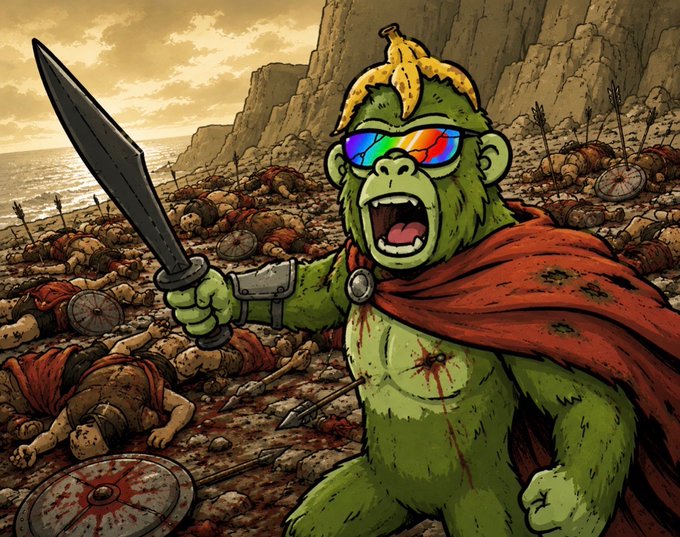 A banana‑crowned, rainbow‑shaded gorilla warrior roars over a blood‑stained battlefield, embodying the “New week. New battles.” theme, while the “$DUMP” tag hints at the chaotic loot of the fight.