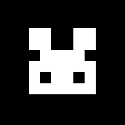 A high-contrast, black-and-white pixel art graphic depicting a stylized, symmetrical character head with two square eyes and horn-like shapes on top.
