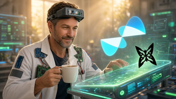A digital illustration of a smiling scientist wearing an AR headset and lab coat, holding a coffee mug while interacting with a holographic display showing a blue butterfly logo and a black fox icon.