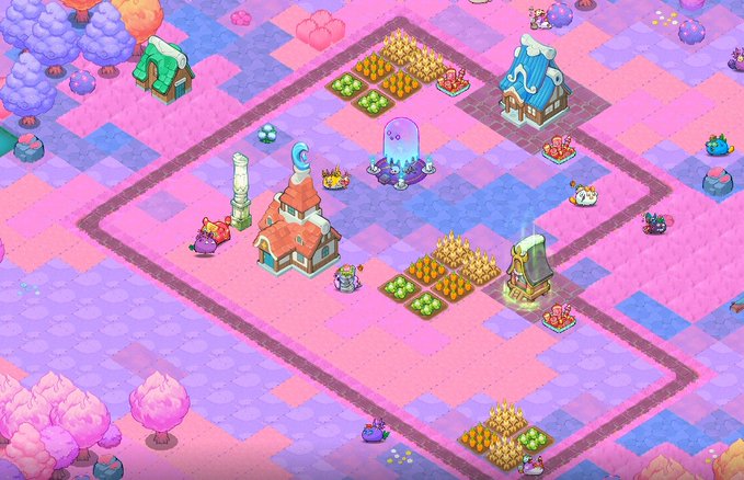 A colorful isometric video game scene featuring whimsical buildings, crop fields, and characters on a pink and purple checkered landscape.