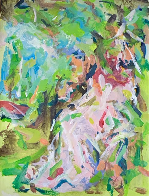 An abstract expressionist painting featuring bold, chaotic brushstrokes in shades of green, pink, blue, and white.