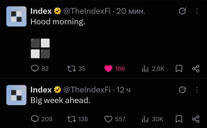Two posts from the Index Coop account (@TheIndexFi) on X read 'Hood morning.' and 'Big week ahead.', with engagement metrics like 2.6K and 30K views shown beneath them.