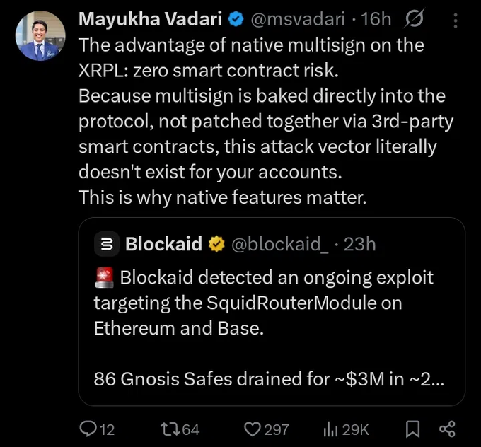 The image shows a screenshot of a Twitter post by Mayukha Vardari, who has written about the vulnerability of native multisign protocols against XRPL zero-smart contract risk. The post includes text that explains why native features don't exist on XRPL and how attackers can exploit these vulnerabilities to drain funds from Gnosis Safes.