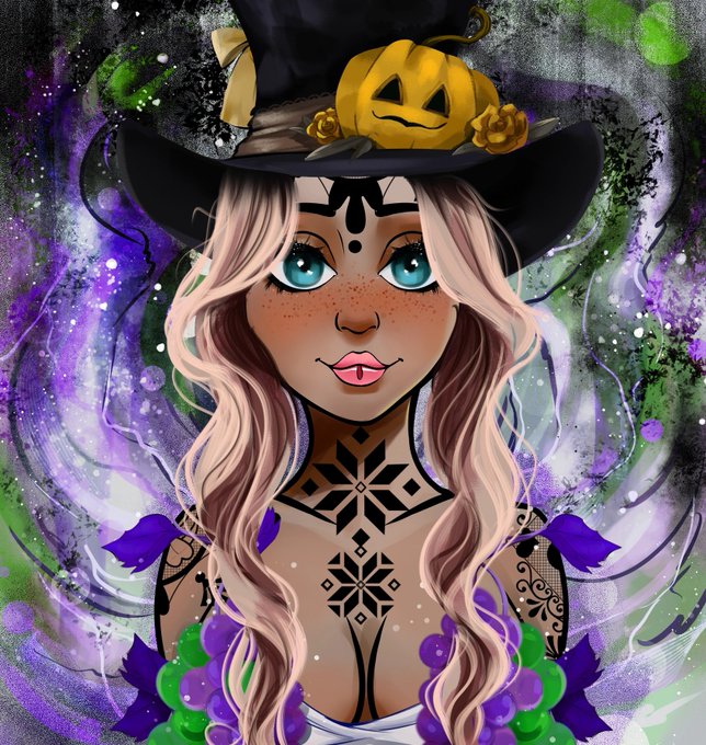 A digital portrait features a woman with long wavy hair, a black witch hat adorned with a jack-o'-lantern, sugar skull face paint, and intricate chest tattoos against a swirly purple and green cosmic background.