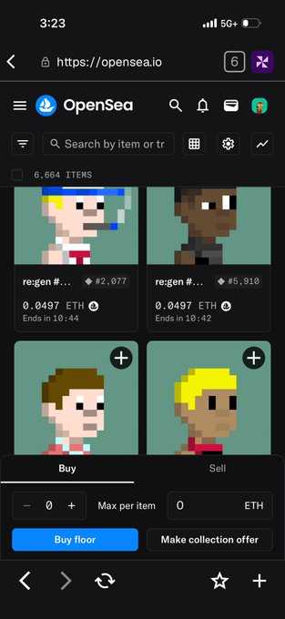 A screenshot of the OpenSea NFT marketplace on mobile shows 6,664 items in a collection with a floor price of 0.0497 ETH, including two pixel art "re:gen" NFTs listed as #2,077 and #5,910. A buy panel is open at the bottom set to "Buy floor," supporting the poster's call for someone to purchase the clean floor-priced pieces from the @re_generates collection.