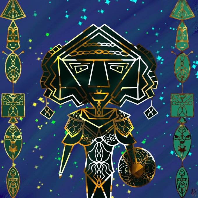 An ornate stylized illustration featuring a figure with elaborate geometric hair and gold detailing against a starry blue background, flanked by vertical decorative totem-like designs.