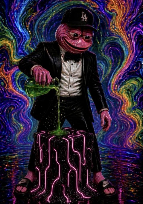 A surreal digital artwork depicting a pink, deformed figure wearing a black suit, bow tie, and an 'LA' Dodgers cap, pouring glowing green liquid onto a black pedestal with neon pink drip patterns against a swirling psychedelic background.