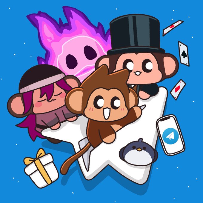 A cartoon illustration featuring three chibi-style monkey characters, a pink flame-like creature, playing cards, a Telegram logo, a small penguin, and a gift box against a blue background.