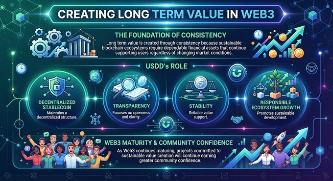 An infographic titled 'CREATING LONG TERM VALUE IN WEB3' illustrating how USDD stablecoin provides decentralized stability, transparency, and responsible ecosystem growth for Web3 development.