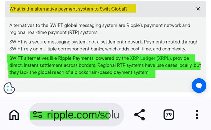 A screenshot of a chat response answering "What is the alternative payment system to Swift Global?" highlights the text stating that SWIFT alternatives like Ripple Payments, powered by the XRP Ledger (XRPL), provide direct, instant settlement across borders, while noting the source URL "ripple.com/solu" in the browser bar.