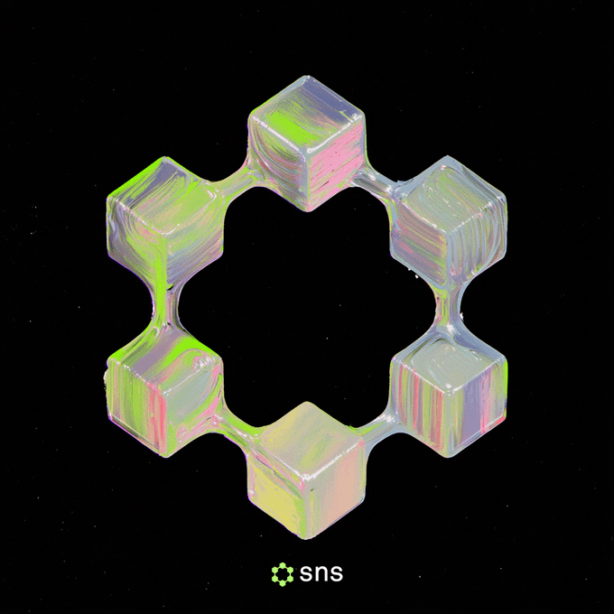 A 3D iridescent geometric logo composed of connected cubes forming a hexagonal ring, with the text 'sns' below it.