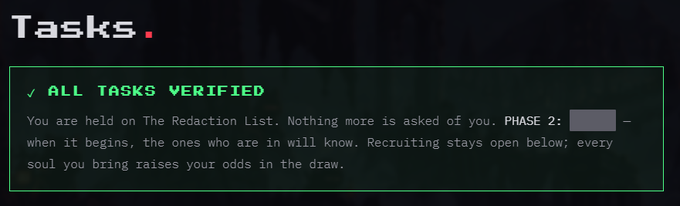 A green-outlined terminal display titled 'Tasks.' showing '✓ ALL TASKS VERIFIED' with the message: 'You are held on The Redaction List. Nothing more is asked of you. PHASE 2: [redacted] — When it begins, the ones who are in will know. Recruiting stays open below; every soul you bring raises your odds in the draw.'